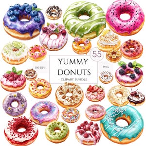 Frosted donut aquarel clipart set, Yummy donut 55 png-illustraties, digitale download voor ambachten, uitnodigingen & decor, commercieel gebruik