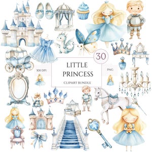 Watercolor Princess Clipart | Blue Fairytale Princess PNG | Cute Girl Birthday Clipart | Nursery Decor & Party Printables | Commercial Use