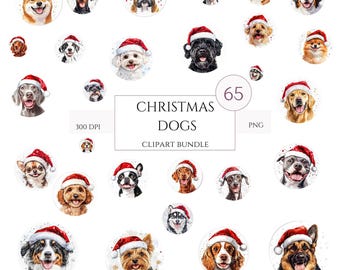May include: A set of 65 digital clipart images of dogs wearing Santa hats. The images are 300 DPI and in PNG format. The images are perfect for use in holiday crafts, scrapbooking, and other creative projects.