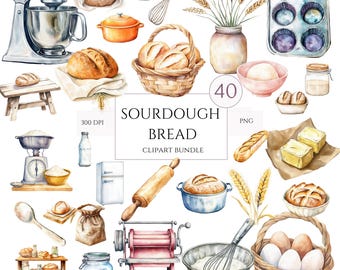 Sourdough Bread Clipart | Watercolor Bakery Clipart | 40 PNG | Bread Baking | Cottagecore Aesthetic | Baker Clipart | Commercial Use