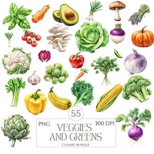 Aquarelle Légumes Clipart | Lot de légumes PNG | Verdure fraîche, tomate, maïs, brocoli, oignon et plus | Téléchargement numérique | Utilisation commerciale