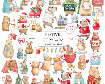Watercolor Cute Winter Capybara Clipart - Holiday PNG Graphics for Commercial Use