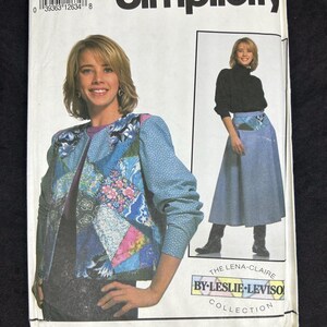 VTG simplicity # 7853. Misses’  lined jacket and skirt in a crazy patchwork design.