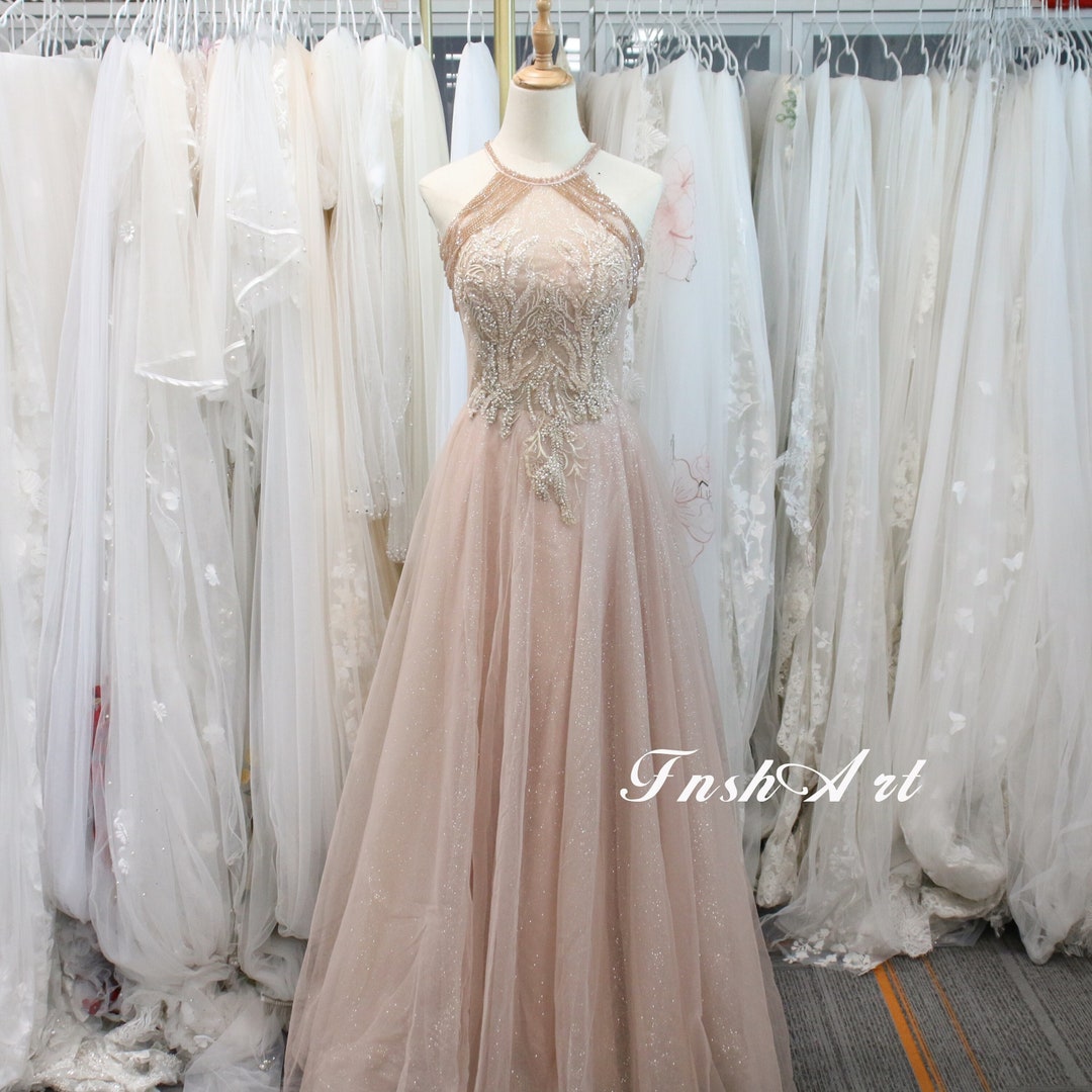 Champagne Beading Tassel Prom Dress, Sleeveless Formal Party Dress, Sparkly Glittery Prom Dress