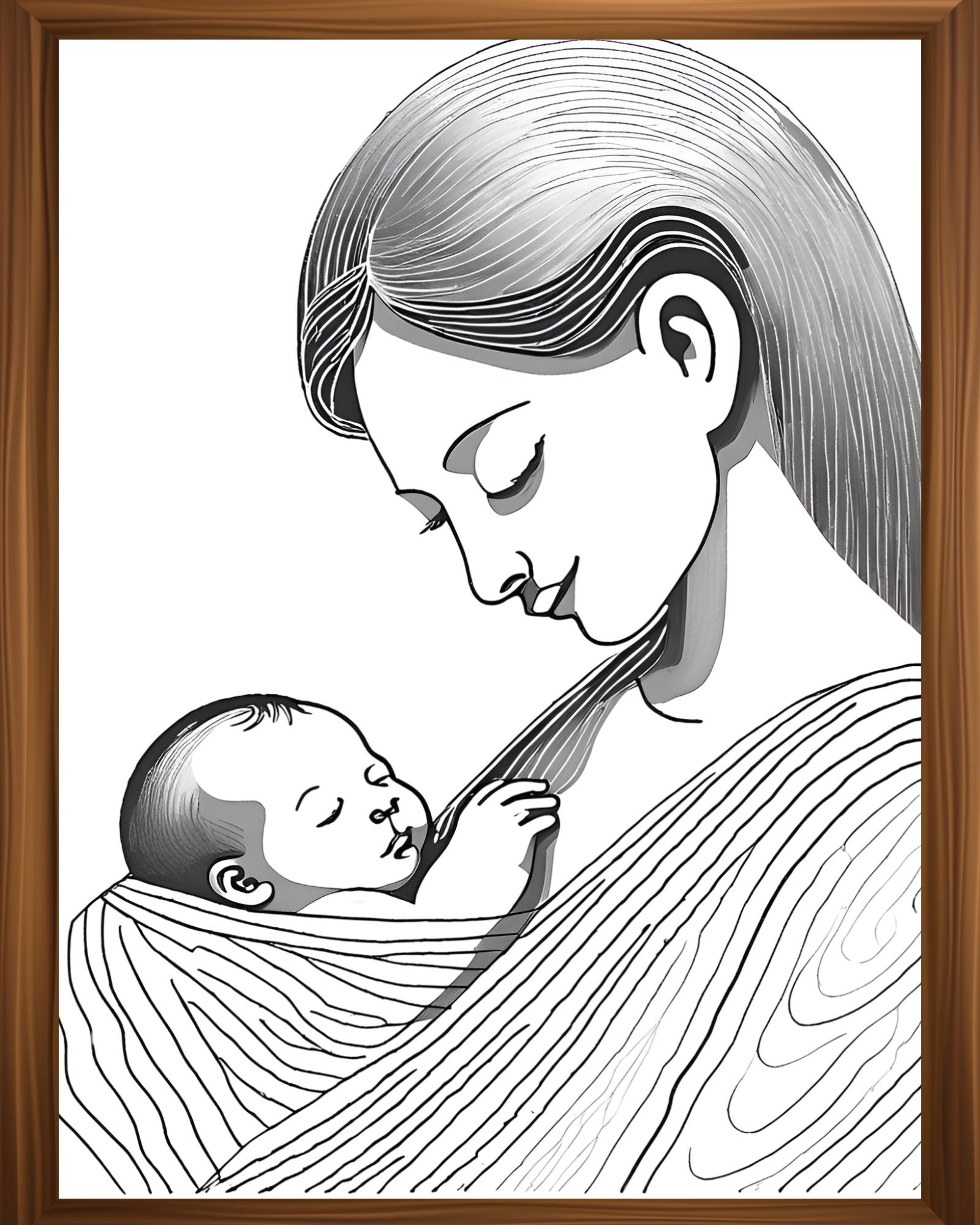 Printable Pencil Drawing – Mom Holding Newborn, A Digital Art for Baby ...