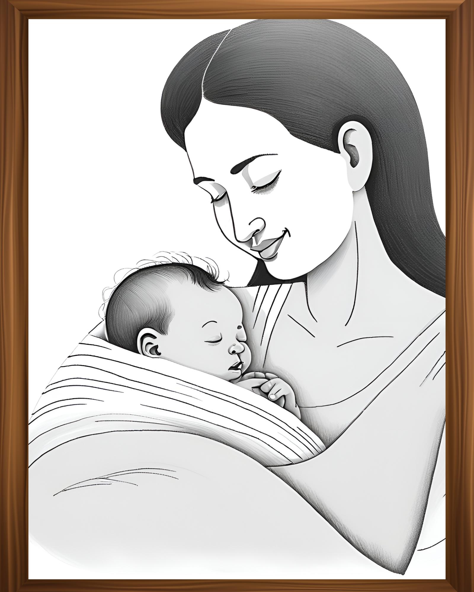Printable Pencil Drawing – Mom Holding Newborn, A Digital Art for Baby ...
