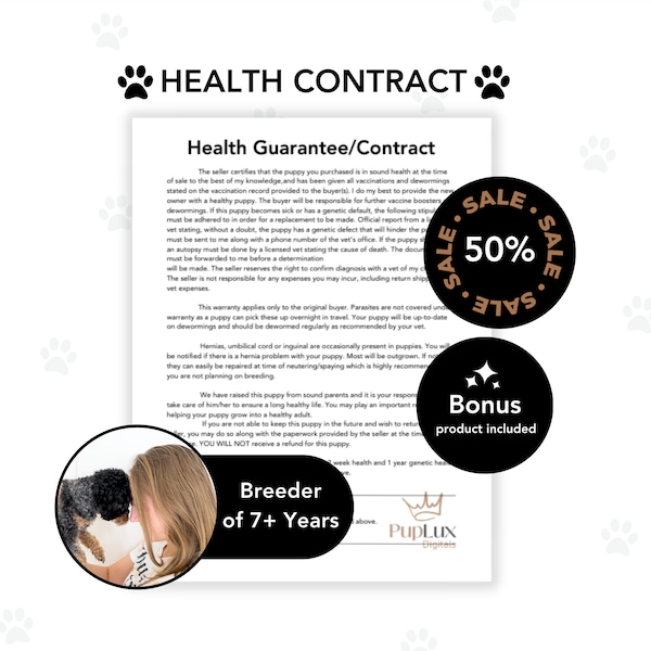Puppy Health Guarantee Contract Form for Dog Breeders, Puppy Health Agreement Form for Dog Breeder, Editable Puppy Health Guarantee Template