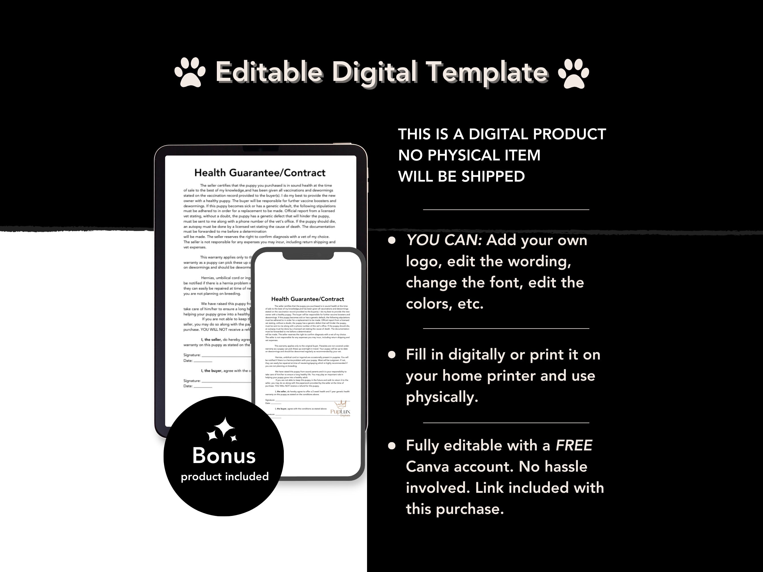 Puppy Health Guarantee Contract Form for Dog Breeders, Puppy Health