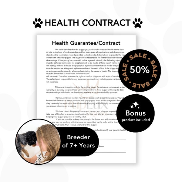 Puppy Guarantee for Dog Breeders, 8.5x11 Puppy Sales Contract for Puppy Buyers, Editable New Puppy Health Contract, 8.5x11 Puppy Guarantee