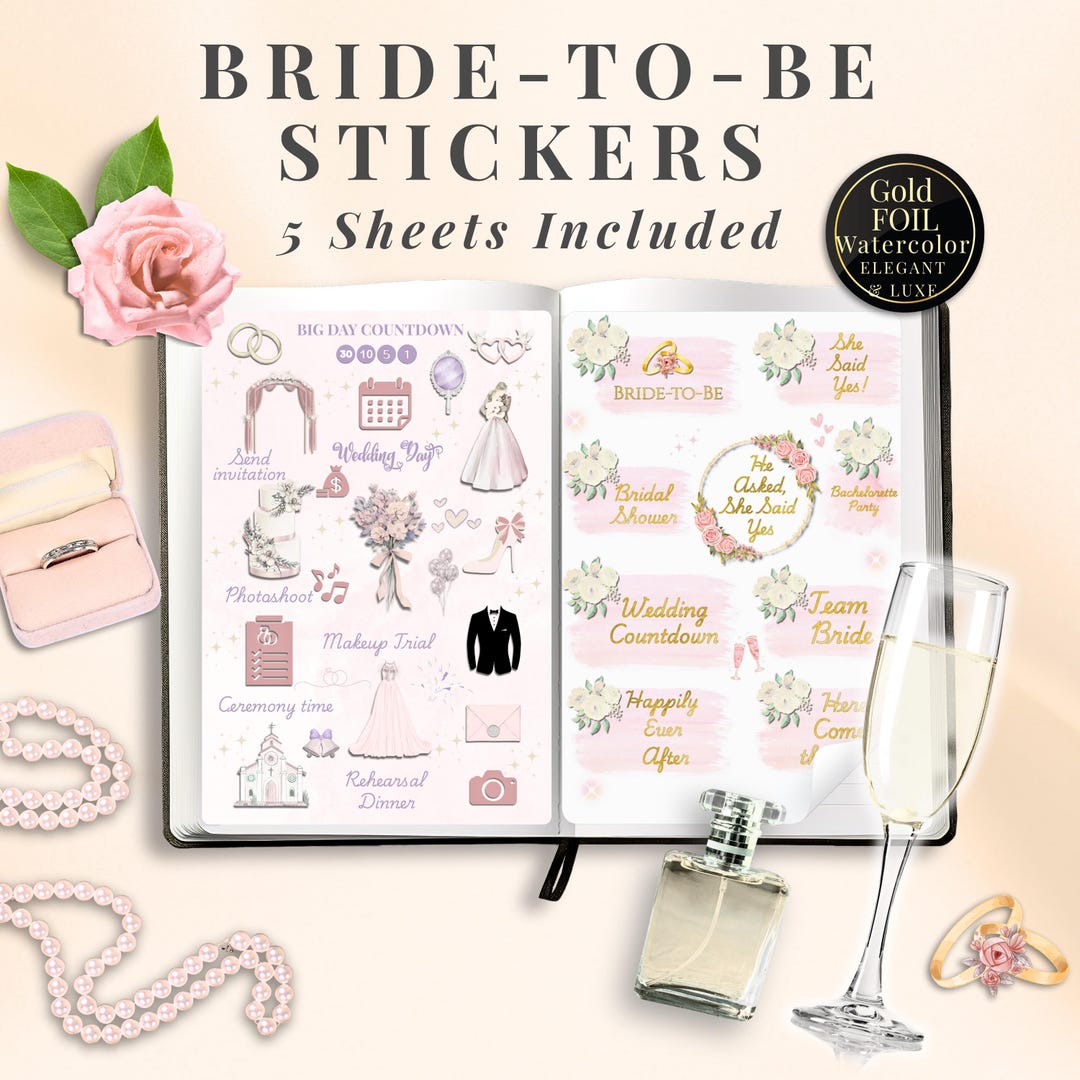 Bridal Sticker Bundle | Bride-to-be Stickers Pack | Watercolor Gold ...