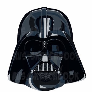 Könnte beinhalten: Eine schwarz-graue Illustration von Darth Vaders Helm aus dem Star Wars-Franchise. Der Helm hat ein schwarzes Visier und ein schwarz-graues Design.