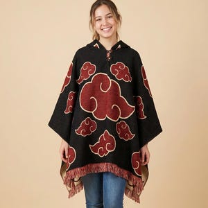 CLASSIC Red Clouds Wool Poncho, anime Japanese Style, hooded cape, warm and cozy, Unisex Design, Gift Ready, Gift Ideas 2026