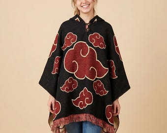 CLASSIC Red Clouds Wool Poncho, anime Japanese Style, hooded cape, warm and cozy, Unisex Design, Gift Ready, Gift Ideas 2026