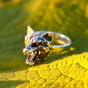 May include: A silver ring featuring a detailed wolf head design. The ring is set against a vibrant green leaf, with the sunlight creating a warm, golden glow. The wolf's features are intricately carved.