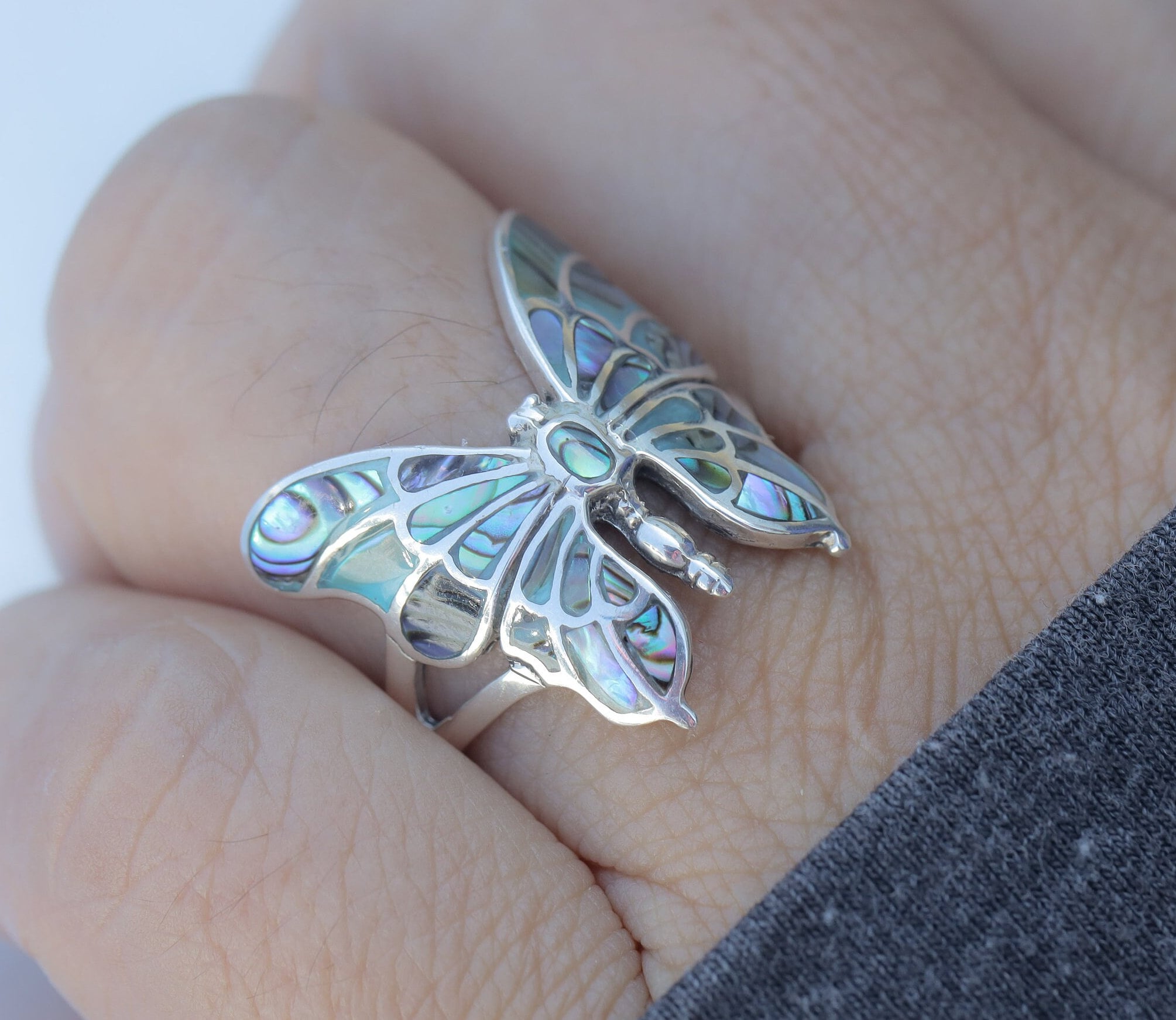 Abalone butterfly ring, Silver ring, Statement ring, silver jewelry, abalone ring, butterfly ring, 925 Sterling Silver, butterfly wings ring