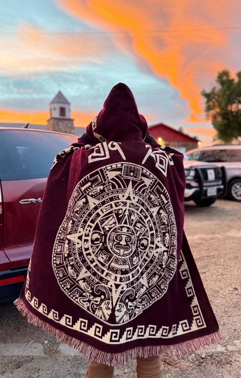 Aztec Calendar Poncho, Red Poncho, Maroon Cape Warm and Cozy Cape, Boho ...