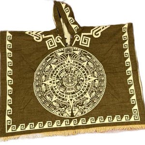 Handmade Alpaca Aztec Calendar Poncho: Unisex Warm Shawl