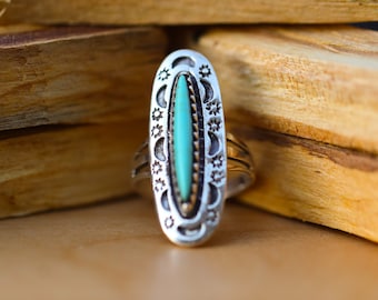 Vintage style silver ring, moon and sun ring, turquoise jewelry, 925 stamp, turquoise silver ring, boho silver ring, moon and stars ring
