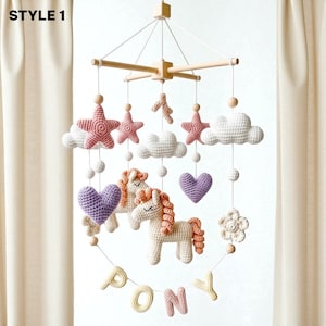 Custom Personalized Unicorn Baby Mobile, Crochet Pony Crib Mobile with Stars Clouds Hearts, Name Garland Nursery Decor, Newborn Gift