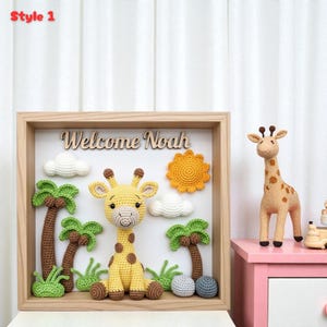 Personalized Crochet Shadow Box for Baby Gift, Custom Name Giraffe Nursery Wall Art, Handmade Cotton Yarn Animal Frame, Newborn Keepsake