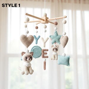 Custom Personalized Cat Baby Mobile, Crochet Kitten Crib Mobile with Hearts Stars Bell & Pillow, Neutral Nursery Decor, Baby Shower Gift