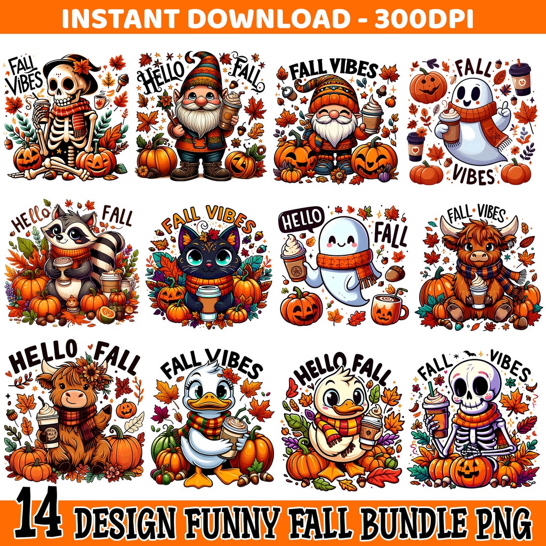 Fall Vibes PNG Bundle, Hello Fall Png, Animal Autumn Design Png, Autumn ...