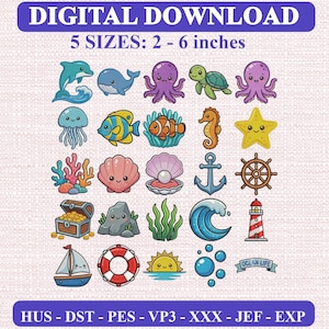 May include: A digital download embroidery design set featuring 25 colourful ocean-themed icons including a dolphin, whale, octopus, turtle, jellyfish, fish, seahorse, starfish, coral, seashell, pearl, anchor, ship wheel, treasure chest, rock, seaweed, wave, lighthouse, sailboat, lifebuoy, sun, bubbles, and an ocean life banner.