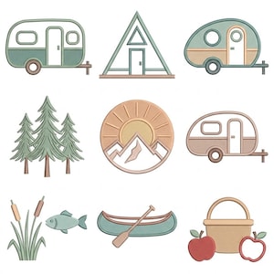 May include: A collection of nine embroidered patches featuring outdoor themes including two travel trailers, an A-frame cabin, three pine trees, a mountain sunrise emblem, a fish with cattails, a canoe with a paddle, and a basket with two apples.