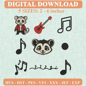 Pode incluir: Conjunto de bordados digitais com um gambá vestindo uma jaqueta vermelha, uma guitarra elétrica vermelha e várias notas musicais pretas. O texto diz DIGITAL DOWNLOAD e 5 SIZES: 2 - 6 inches, com formatos HUS, DST, PES, VP3, XXX, JEF, EXP.