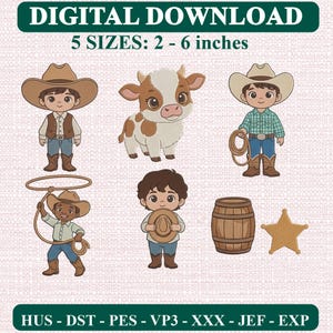 Puede incluir: Conjunto de diseños de bordado digital con personajes de dibujos animados, niños con sombreros de vaquero, un ternero marrón y blanco, un barril de madera y una estrella. Texto: DIGITAL DOWNLOAD 5 SIZES: 5 - 15 cm y HUS - DST - PES - VP3 - XXX - JEF - EXP.