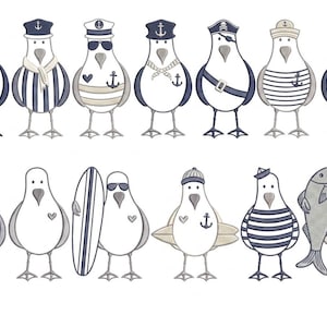 May include: A collection of twelve illustrated seagulls arranged in two rows. The birds are depicted in various nautical-themed outfits and accessories, including sailor hats, striped shirts, sunglasses, anchors, and surfboards, rendered in shades of blue, gray, and white.