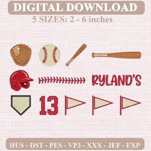 May include: Digital embroidery design set featuring baseball equipment including a brown glove, white ball with red stitching, wooden bat, red helmet, home plate, the name Ryland's, the number 13, and three pennant flags in 5 sizes: 2 - 6 inches.