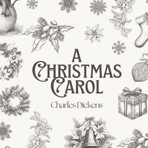 Puede incluir: Página de "A Christmas Carol" de Charles Dickens, con texto e ilustraciones. El título destaca, rodeado de dibujos festivos de campanas, copos de nieve y un muñeco de nieve, evocando un tema navideño clásico.