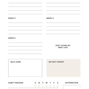 May include: A printable monthly planner with sections for weekly focus, self-care, habit tracker, and affirmations. The planner is designed for January and includes the text "Just living my best life."