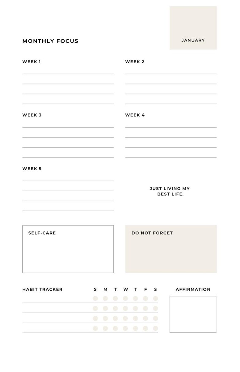 May include: A printable monthly planner with sections for weekly focus, self-care, habit tracker, and affirmations. The planner is designed for January and includes the text "Just living my best life."