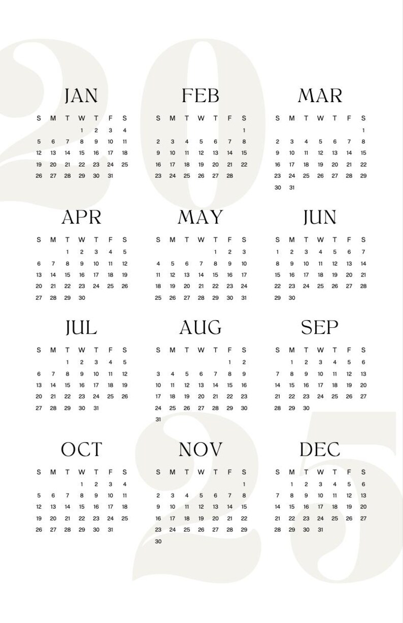 May include: A printable calendar for the year 2020. The calendar is in a minimalist style with a white background and black text. Each month is displayed in a separate box with the month name at the top and the days of the week listed below. The numbers for each day are in a simple font.
