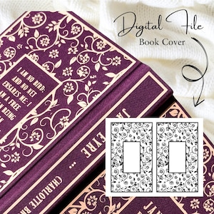 May include: A digital book cover template featuring a black and white floral pattern with a rectangular space for text. The text "Jane Eyre" is visible on the cover.