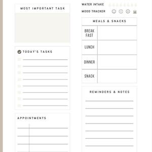 May include: A daily planner with sections for most important task, today's tasks, appointments, water intake, mood tracker, meals and snacks, and reminders and notes.