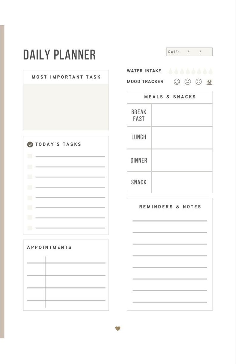 May include: A daily planner with sections for most important task, today's tasks, appointments, water intake, mood tracker, meals and snacks, and reminders and notes.