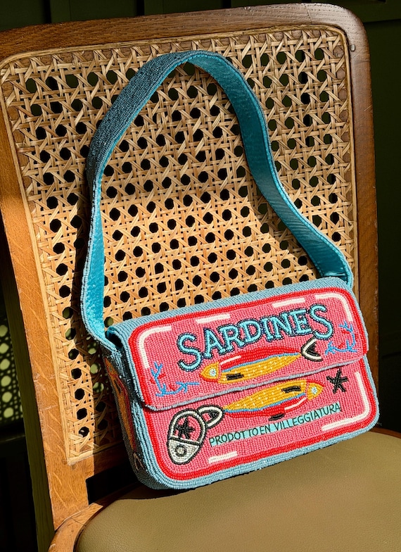 Staud Inspired Beaded Sardine Bag,Handmade Fish Beaded Shoulder Bag,Sardine Fish Design Purse, trendy statement handbag perfect for summer