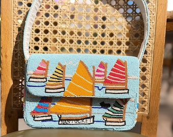 Nantucket Beaded Clutch Bag, Coastal Sailboat Purse, Nautical Summer Shoulder Handbag, Beach Vacation bag, Staud bag dupe,Beaded bag