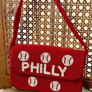Handmade Beaded Philly Bag – Red Baseball Shoulder Bag, Philadelphia Phillies Fan Purse, Game Day Beaded Handbag, Sports Gift for Her