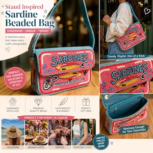 May include: A beaded bag with a pink front panel featuring the word "Sardines" and fish illustrations. The bag has a blue strap and is described as handmade, unique, and trendy. The text on the bag says "PRODOTTOEN VILLEGGIATURA".