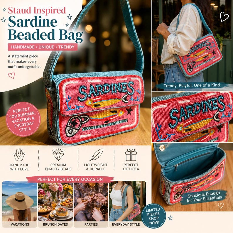May include: A beaded bag with a pink front panel featuring the word "Sardines" and fish illustrations. The bag has a blue strap and is described as handmade, unique, and trendy. The text on the bag says "PRODOTTOEN VILLEGGIATURA".
