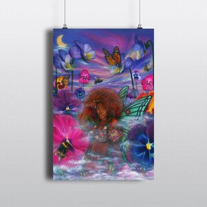 May include: A vertical art print featuring a person with an afro hairstyle and large teal fairy wings. The scene is filled with vibrant purple and pink pansies, a monarch butterfly, a bumblebee, and a crescent moon against a twilight sky.
