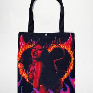 MEGAN THEE STALLION for thee hotties devil heart flames pop art oil painting colorful shoulder tote bag