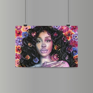 May include: A rectangular art print featuring a portrait of a person with voluminous dark wavy hair adorned with vibrant red, orange, purple, and blue hibiscus flowers. The person has a soft expression, wearing rings on their fingers near their chest.