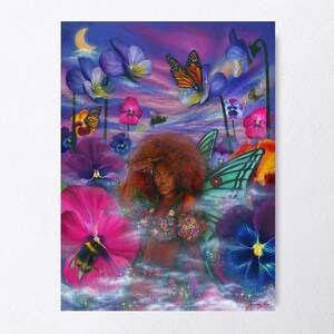 May include: A vibrant digital illustration featuring a person with a large afro hairstyle and green fairy wings, surrounded by oversized purple, pink, and blue pansy flowers, monarch butterflies, a bumblebee, and a crescent moon in a starry sky.