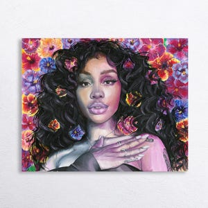 May include: A colorful digital painting of a person with long, dark, wavy hair adorned with vibrant red, orange, and purple hibiscus flowers. The person has a soft expression, wearing rings on their fingers, set against a dense floral background.