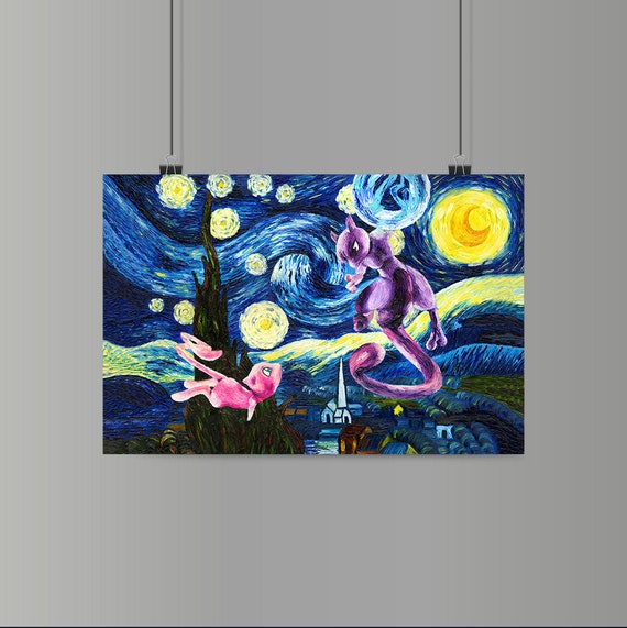 バンブレスト ポケットモンスター ポスター　ミュウ POKEMON Starry Night Oil Painting Poster Pop Art 12x18 MEW Vs
